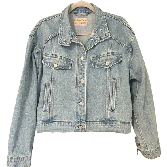 Free People Rhinestone Fringe Light Wash Denim Jean Bomber Jacket Size Small - Picture 7 of 14